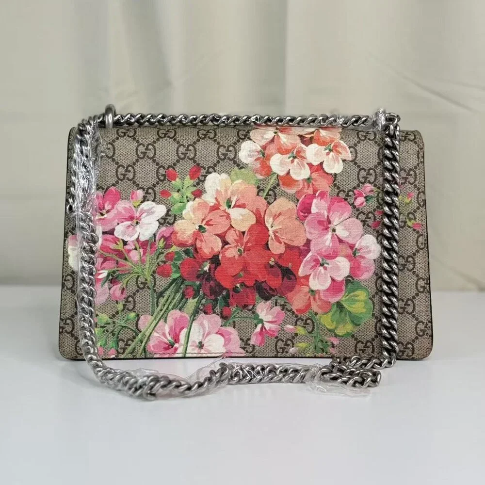 Gucci GG Logo Supreme Medium Dionysus Shoulder Bag with Floral Accent and Red Tr